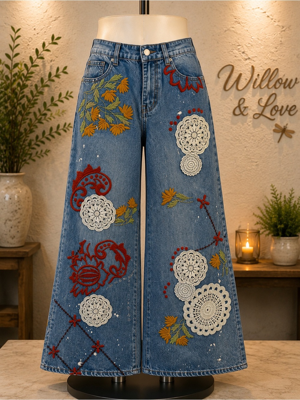 Oli & Hali Blue Denim Wide-Leg Jeans with Red, Yellow & Cream Embroidery NWOT